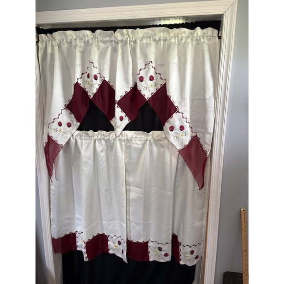 Ladybug Embroidered Cream Curtain Set with 56" Valance & 28" Tier Panels - Picture 7 of 9